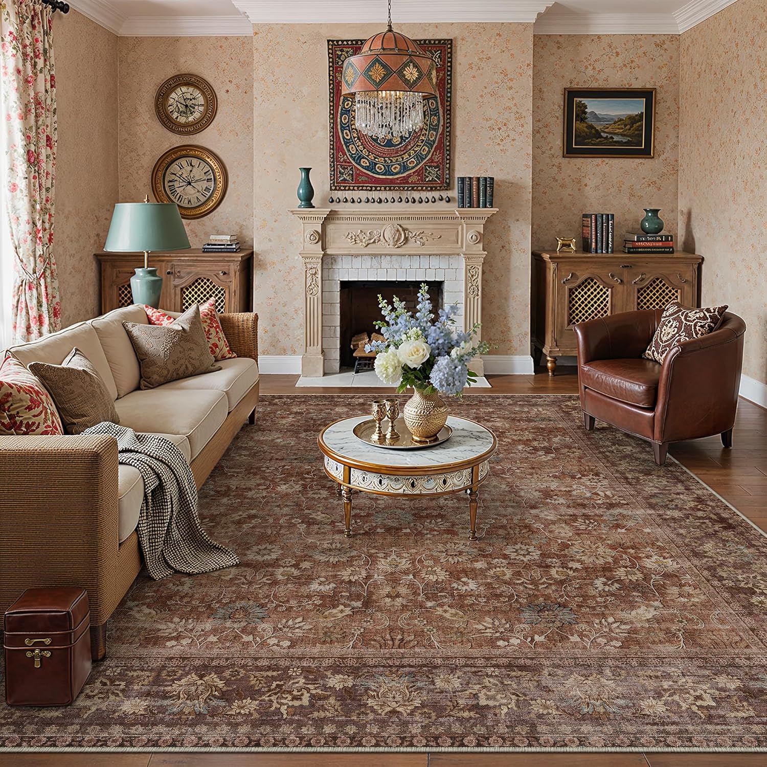 HUGEAR 8x10 Machine Washable Rugs Brown Hallway Large Area Rug Indoor Accent Rug Floral Low Pile Carpet Soft Throw Aesthetic Rug Bedroom Living Room Office Dining Room Kitchen Laundry Room