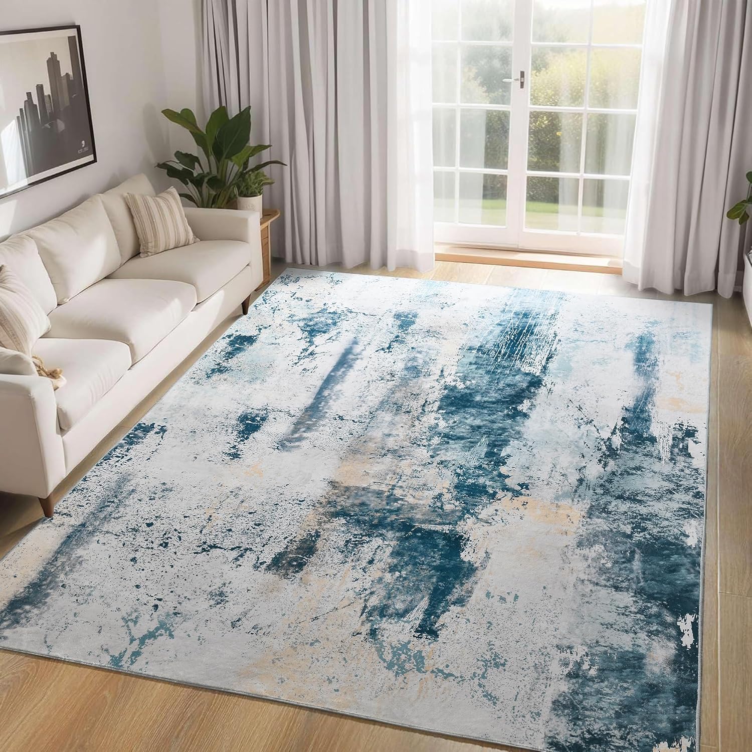 Living Room Rug 8x10 Gray Area Rugs Machine Washable Abstract Boho Large Rug Non-Slip Non-Shedding Faux Wool Indoor Vintage Carpet for Bedroom, Classroom, Dining Room, Kids Playroom