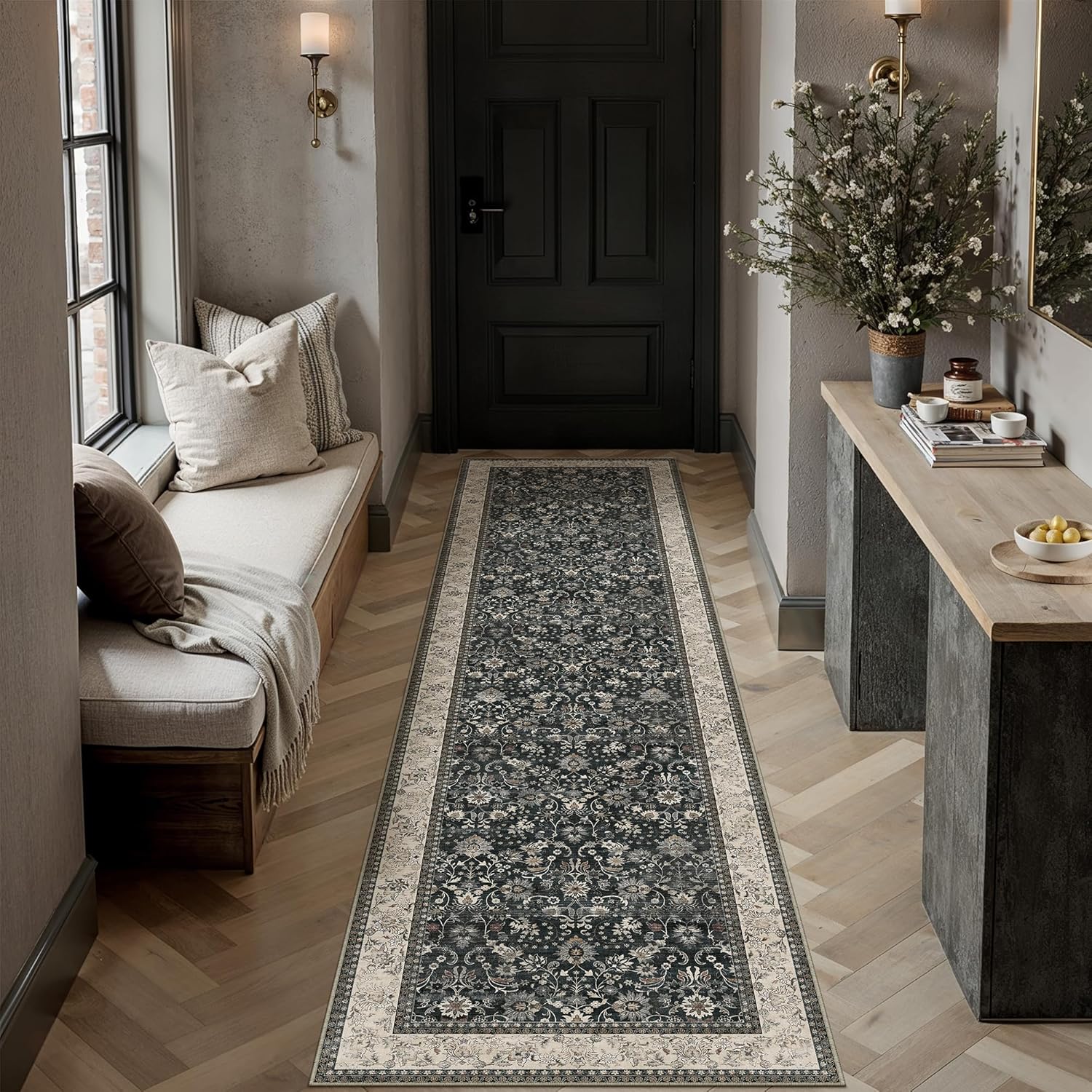 HUGEAR 8x10 Machine Washable Rugs Brown Hallway Large Area Rug Indoor Accent Rug Floral Low Pile Carpet Soft Throw Aesthetic Rug Bedroom Living Room Office Dining Room Kitchen Laundry Room