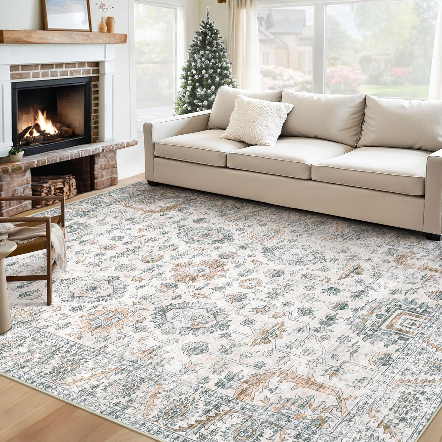 XLUEZ Area Rug 9x12 Living Room Rug, Machine Washable Vintage Distressed Medallion Rug Non-Slip Soft Low Pile Large Indoor Rugs for Bedroom Kitchen Dining Room Office(Beige,9'x12')