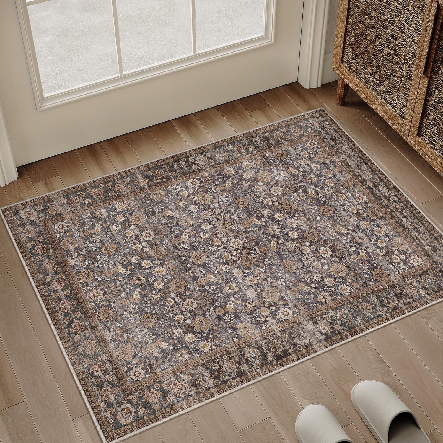 HUGEAR 8x10 Machine Washable Rugs Brown Hallway Large Area Rug Indoor Accent Rug Floral Low Pile Carpet Soft Throw Aesthetic Rug Bedroom Living Room Office Dining Room Kitchen Laundry Room