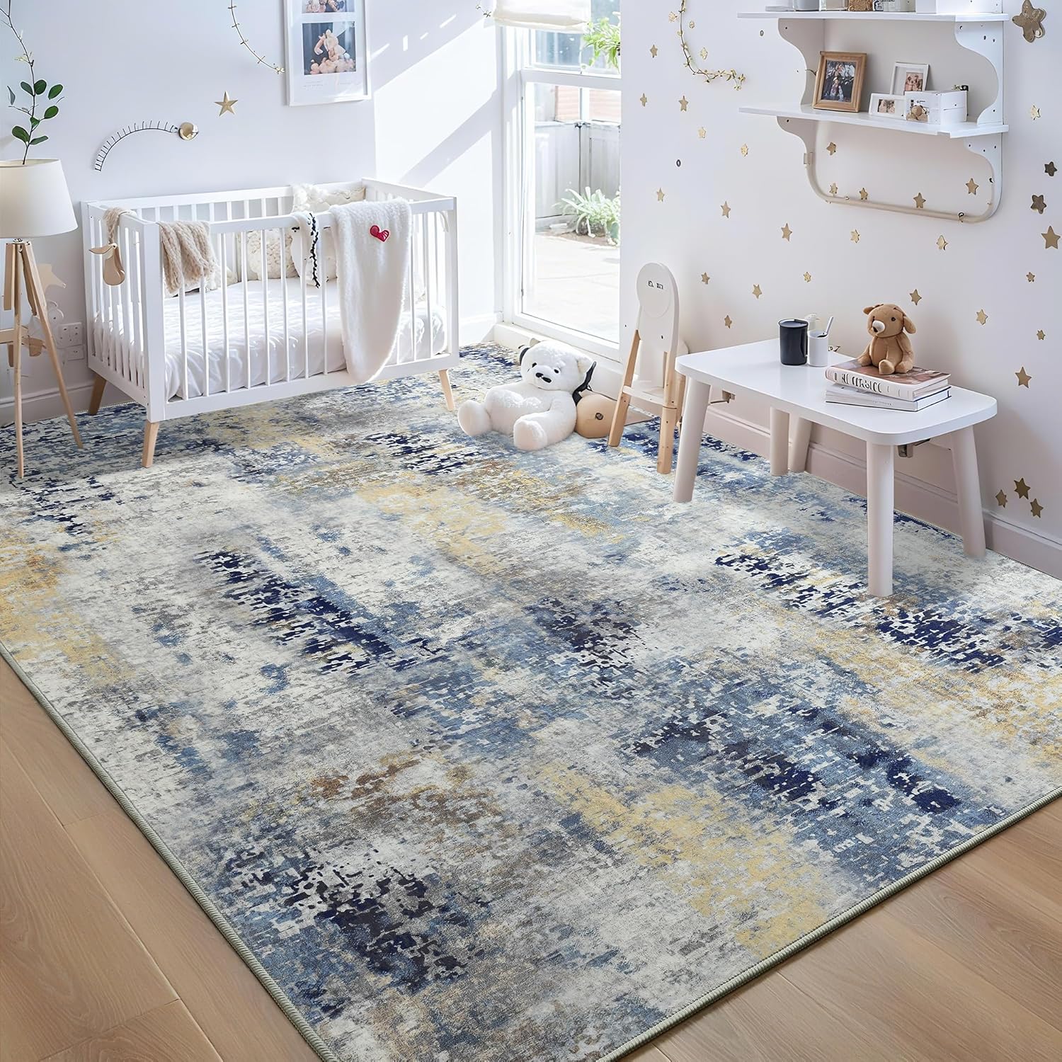 Living Room Rug 8x10 Gray Area Rugs Machine Washable Abstract Boho Large Rug Non-Slip Non-Shedding Faux Wool Indoor Vintage Carpet for Bedroom, Classroom, Dining Room, Kids Playroom