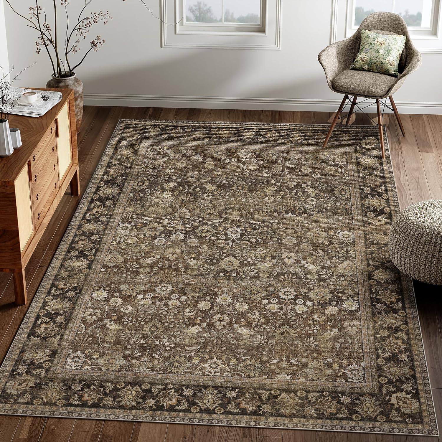 HUGEAR 8x10 Machine Washable Rugs Brown Hallway Large Area Rug Indoor Accent Rug Floral Low Pile Carpet Soft Throw Aesthetic Rug Bedroom Living Room Office Dining Room Kitchen Laundry Room