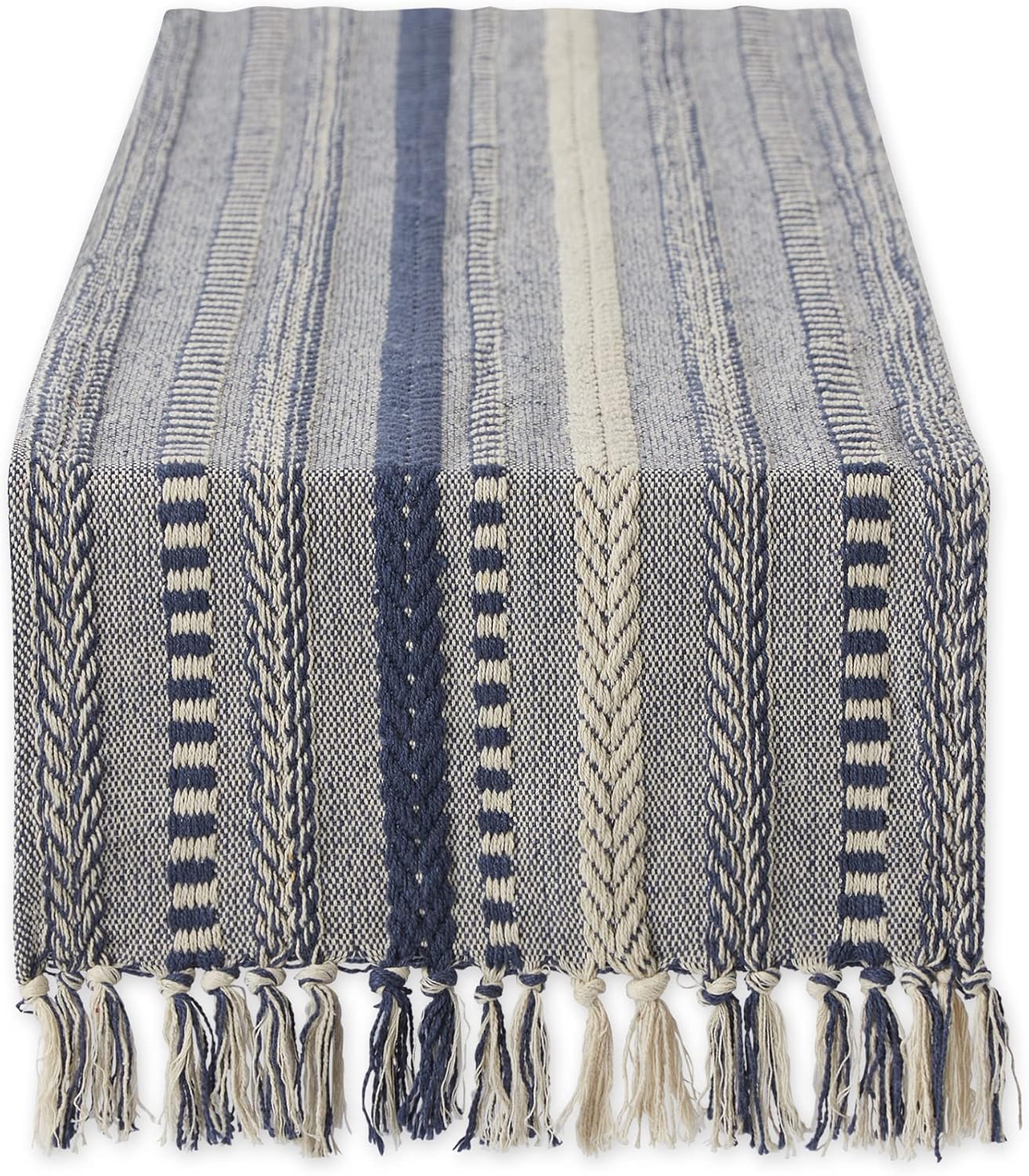 DII Farmhouse Braided Stripe Table Runner Collection, 15x108 (15x113, Fringe Included), French Blue
