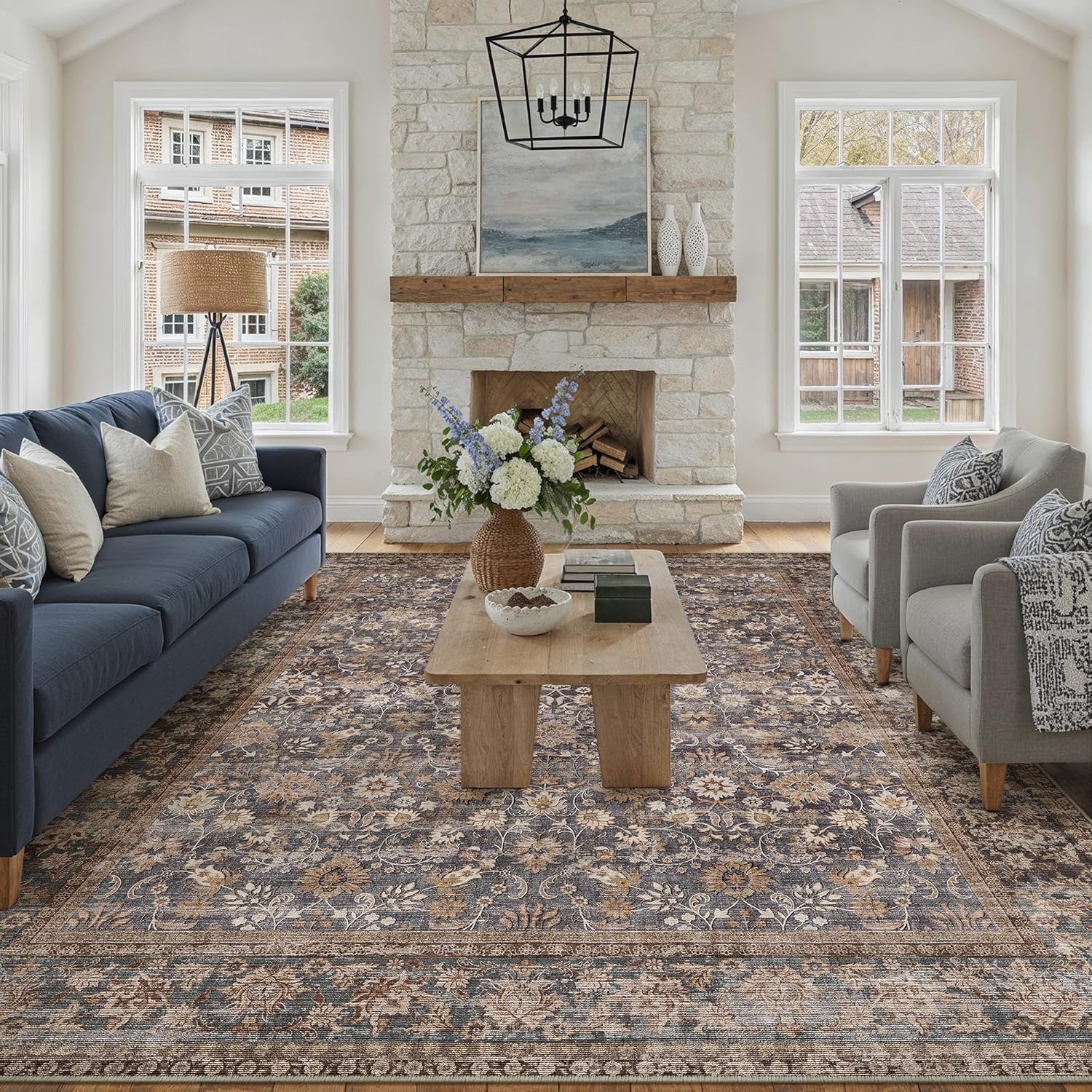 HUGEAR 8x10 Machine Washable Rugs Brown Hallway Large Area Rug Indoor Accent Rug Floral Low Pile Carpet Soft Throw Aesthetic Rug Bedroom Living Room Office Dining Room Kitchen Laundry Room