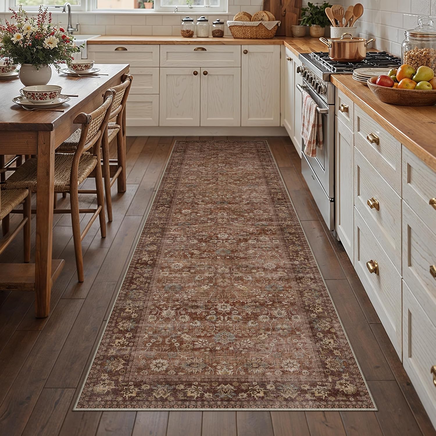 HUGEAR 8x10 Machine Washable Rugs Brown Hallway Large Area Rug Indoor Accent Rug Floral Low Pile Carpet Soft Throw Aesthetic Rug Bedroom Living Room Office Dining Room Kitchen Laundry Room