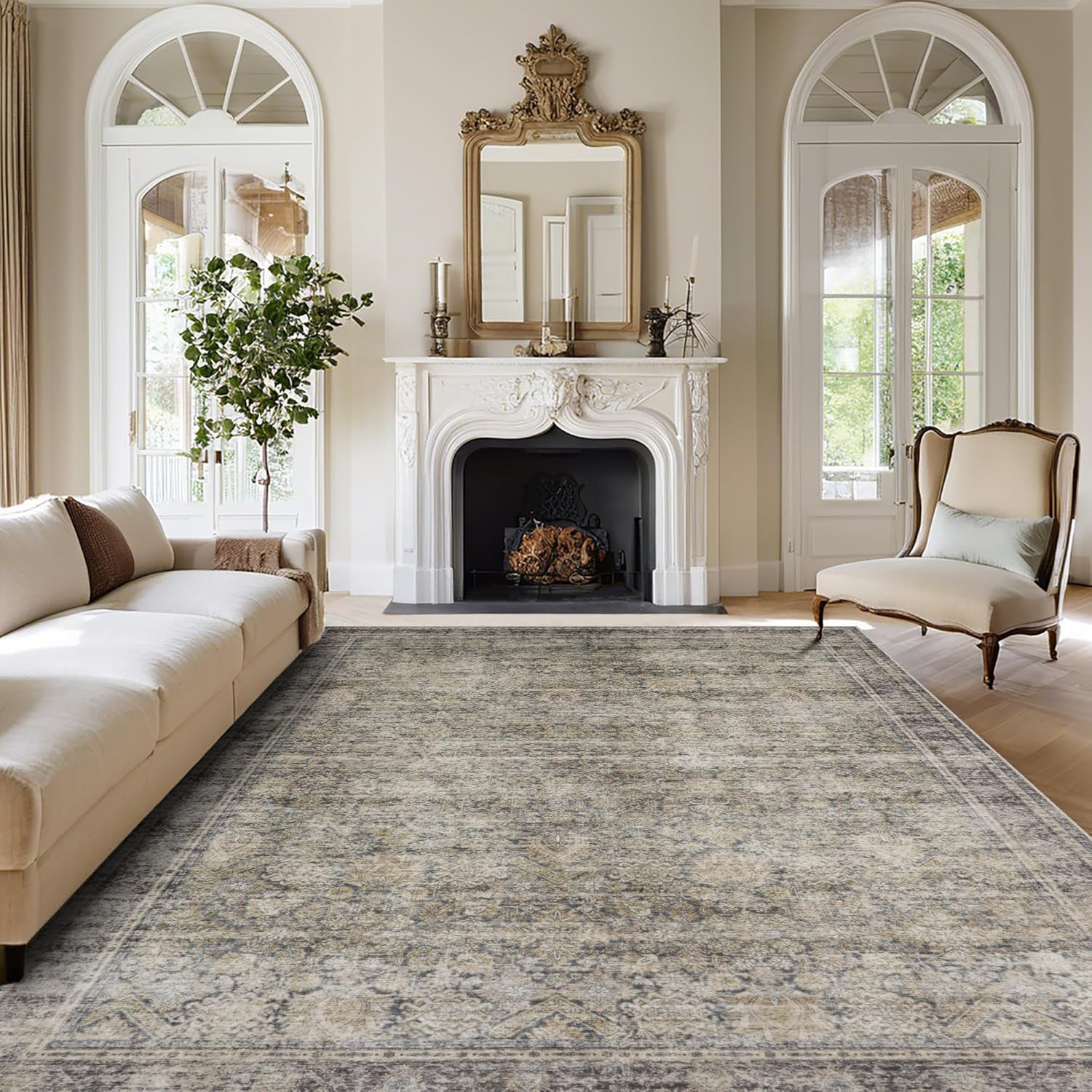 Srugn Washable Rugs 8x10 Area Rugs for Living Room,Ultra Soft Faux Wool Retro Rugs for Bedroom,Dining Room,Non Slip&Non-Shedding Low Pile Vintage Print Rug Indoor Large Carpets for Home Office Decor