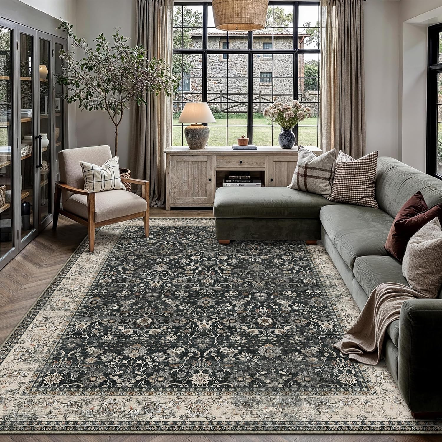 HUGEAR 8x10 Machine Washable Rugs Brown Hallway Large Area Rug Indoor Accent Rug Floral Low Pile Carpet Soft Throw Aesthetic Rug Bedroom Living Room Office Dining Room Kitchen Laundry Room