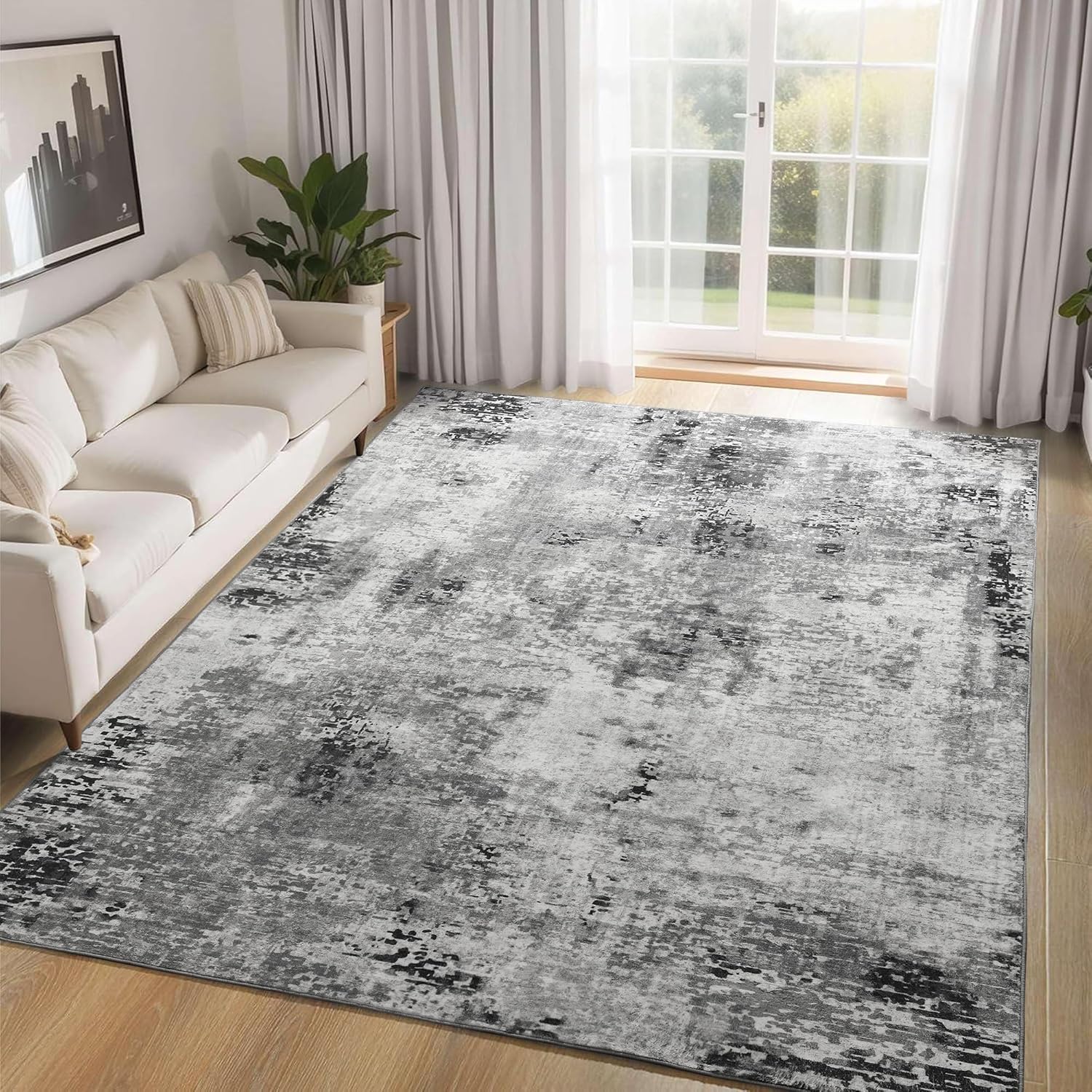 Living Room Rug 8x10 Gray Area Rugs Machine Washable Abstract Boho Large Rug Non-Slip Non-Shedding Faux Wool Indoor Vintage Carpet for Bedroom, Classroom, Dining Room, Kids Playroom