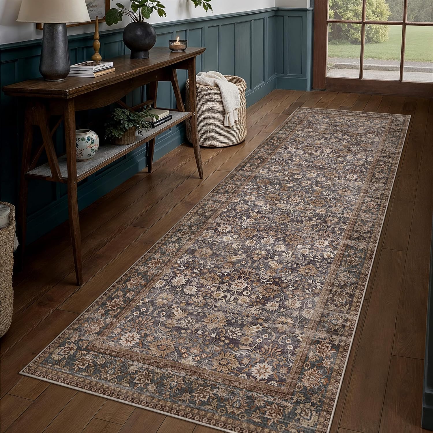 HUGEAR 8x10 Machine Washable Rugs Brown Hallway Large Area Rug Indoor Accent Rug Floral Low Pile Carpet Soft Throw Aesthetic Rug Bedroom Living Room Office Dining Room Kitchen Laundry Room