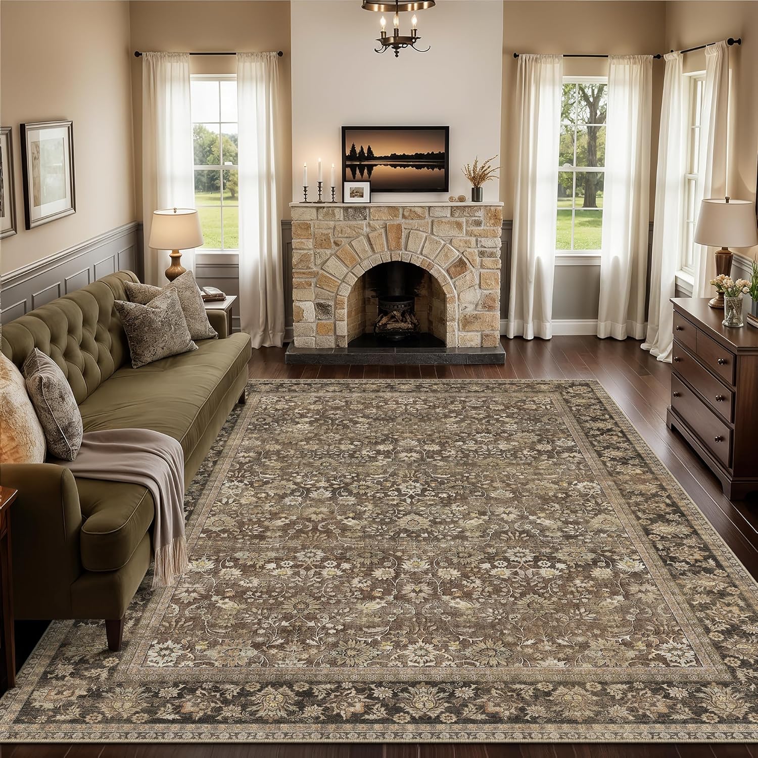 HUGEAR 8x10 Machine Washable Rugs Brown Hallway Large Area Rug Indoor Accent Rug Floral Low Pile Carpet Soft Throw Aesthetic Rug Bedroom Living Room Office Dining Room Kitchen Laundry Room