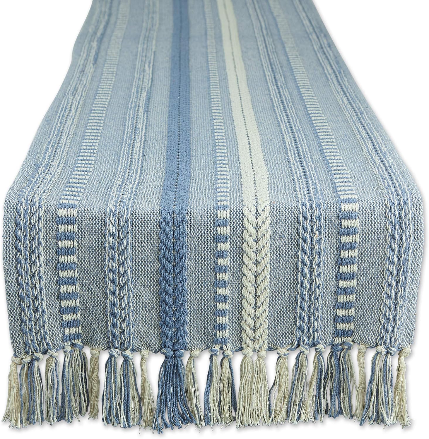 DII Farmhouse Braided Stripe Table Runner Collection, 15x108 (15x113, Fringe Included), French Blue