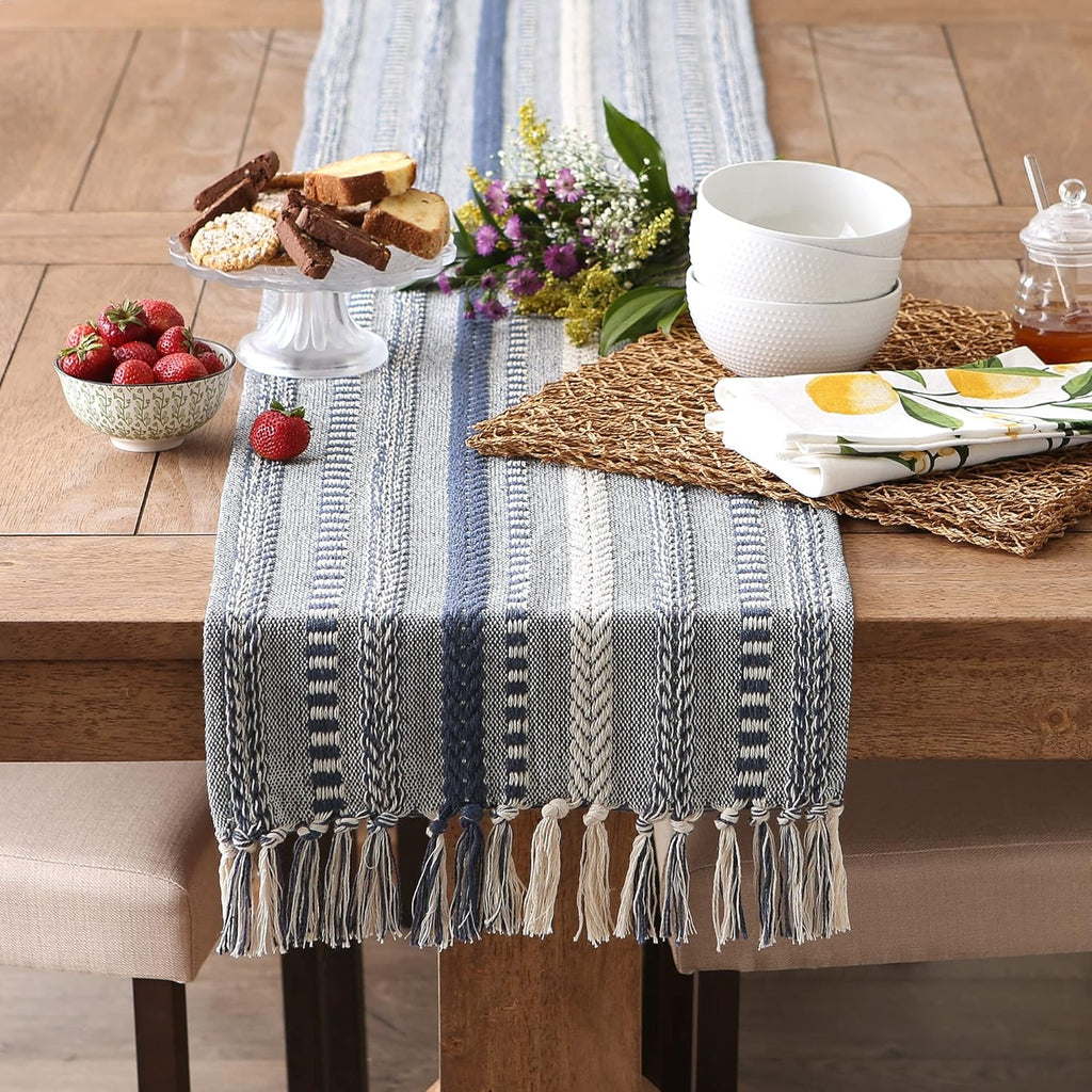 DII Farmhouse Braided Stripe Table Runner Collection, 15x108 (15x113, Fringe Included), French Blue