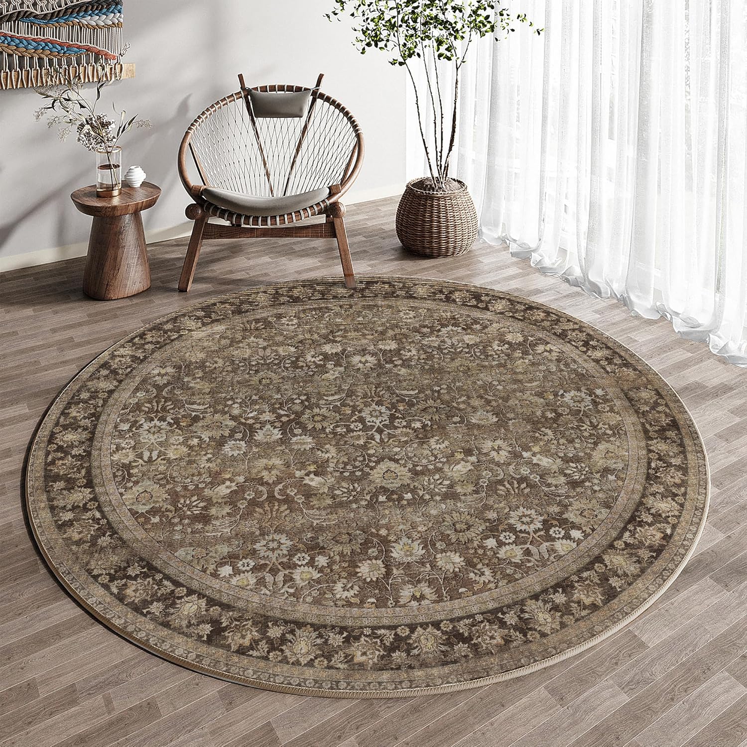 HUGEAR 8x10 Machine Washable Rugs Brown Hallway Large Area Rug Indoor Accent Rug Floral Low Pile Carpet Soft Throw Aesthetic Rug Bedroom Living Room Office Dining Room Kitchen Laundry Room
