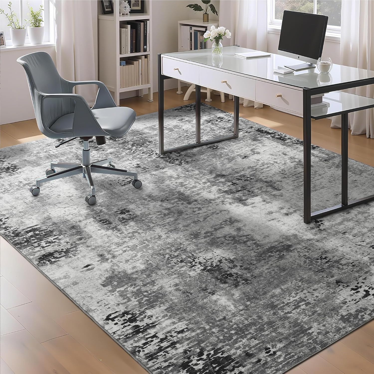 Living Room Rug 8x10 Gray Area Rugs Machine Washable Abstract Boho Large Rug Non-Slip Non-Shedding Faux Wool Indoor Vintage Carpet for Bedroom, Classroom, Dining Room, Kids Playroom