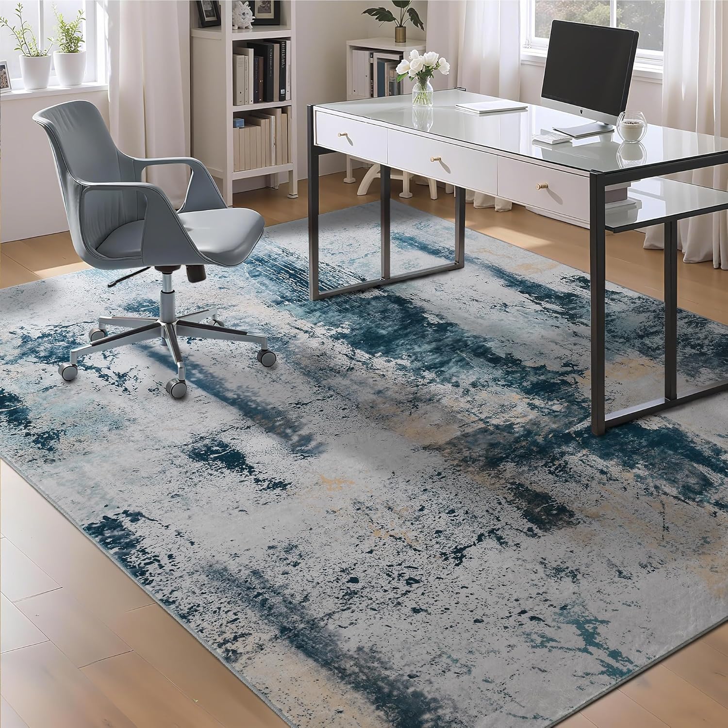 Living Room Rug 8x10 Gray Area Rugs Machine Washable Abstract Boho Large Rug Non-Slip Non-Shedding Faux Wool Indoor Vintage Carpet for Bedroom, Classroom, Dining Room, Kids Playroom