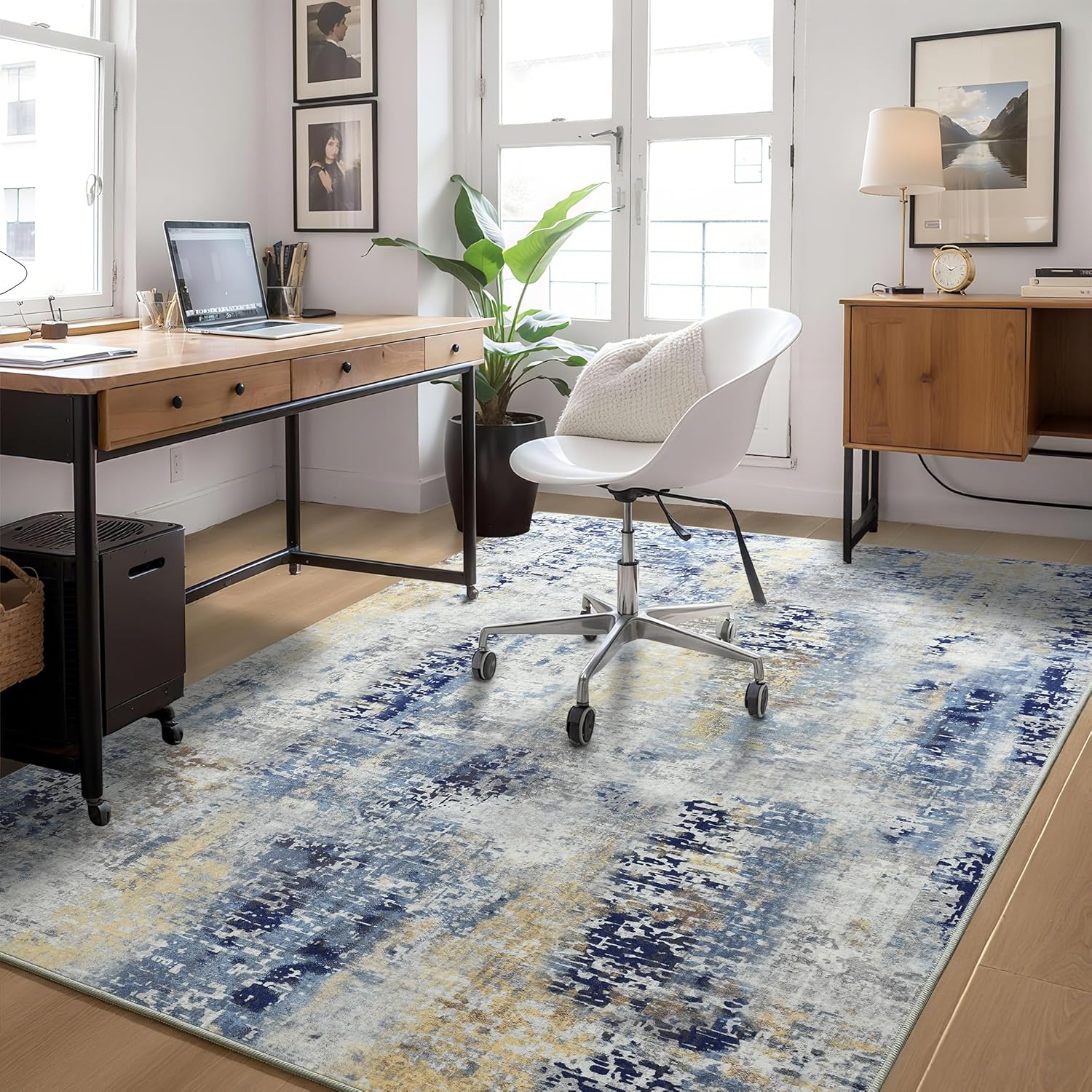 Living Room Rug 8x10 Gray Area Rugs Machine Washable Abstract Boho Large Rug Non-Slip Non-Shedding Faux Wool Indoor Vintage Carpet for Bedroom, Classroom, Dining Room, Kids Playroom