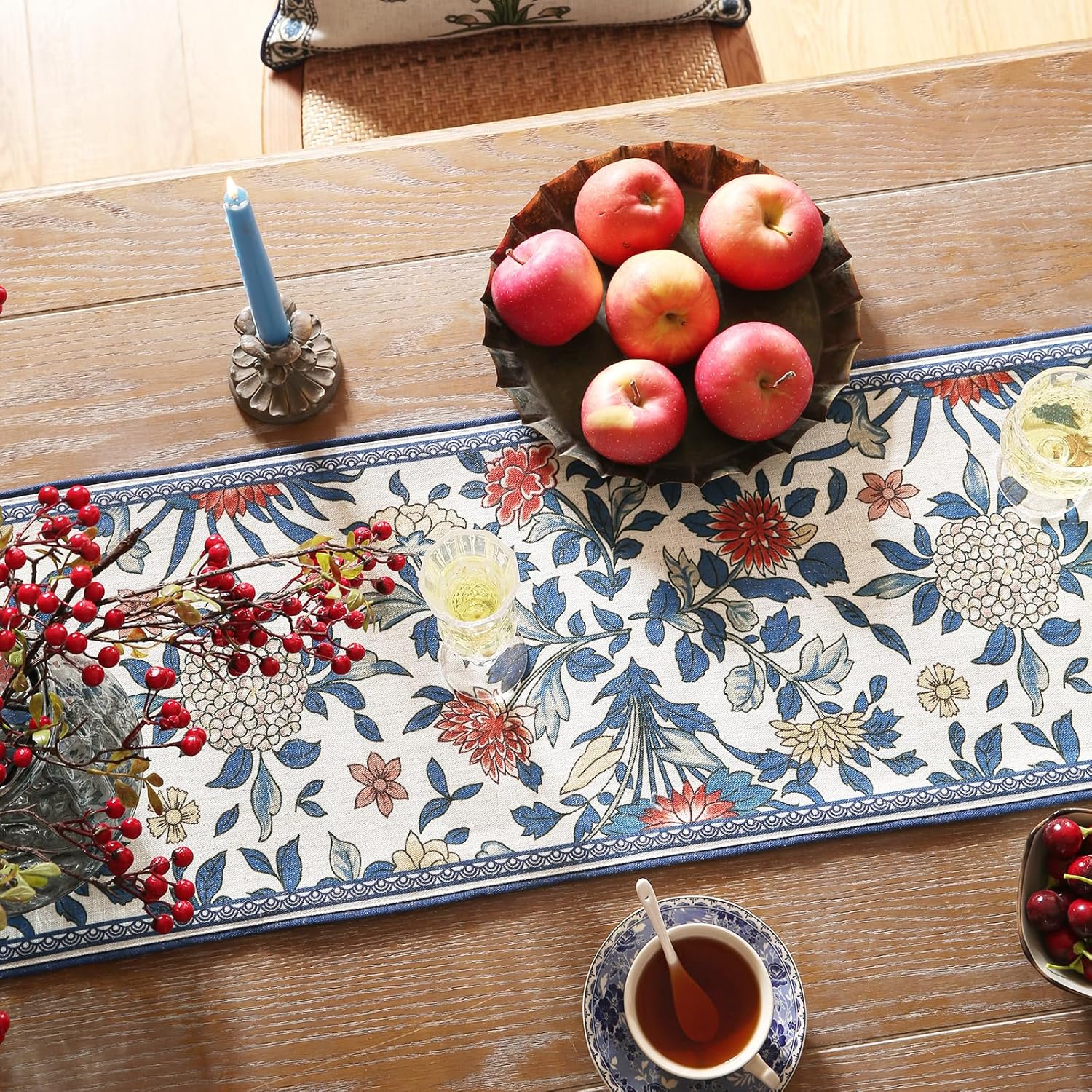 patdrea Designer Blue Cottage Rustic Floral Patterned Linen Table Runner 102 Inch Long,Wrinkle Resistant Table Mat,Decoration for Kitchen Dining and Coffee Tables Banquet Christmas ,12"x102"