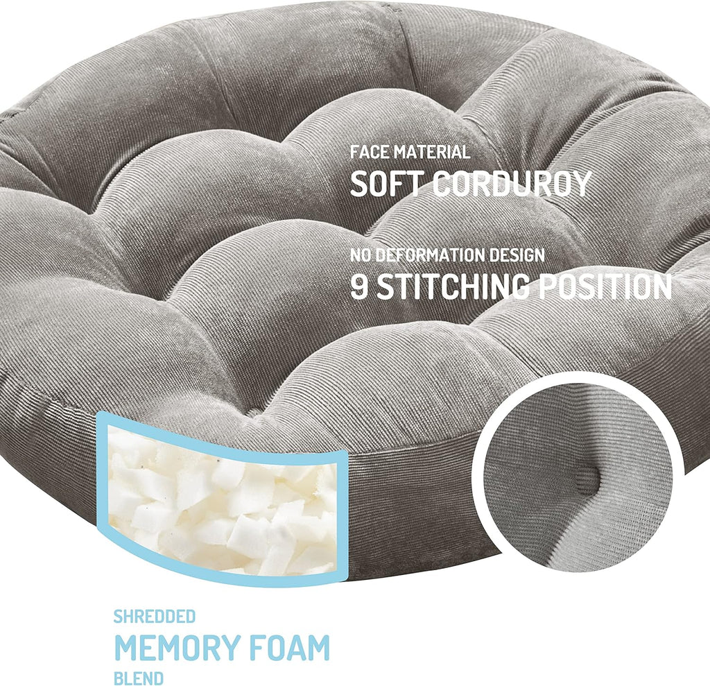 Meditation Floor Pillow Set of 2, Round Large Pillows Seating for Adults, Tufted Corduroy Cushion for Tatami Living Room, Grey, 22 Inch