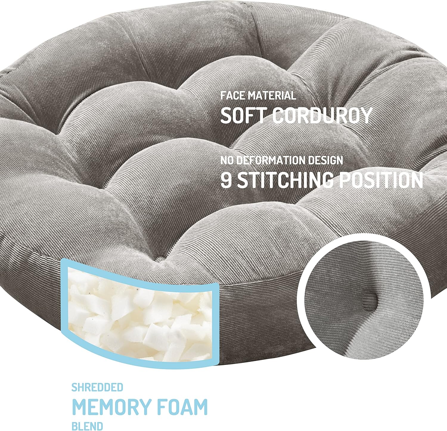 Meditation Floor Pillow Set of 2, Round Large Pillows Seating for Adults, Tufted Corduroy Cushion for Tatami Living Room, Grey, 22 Inch