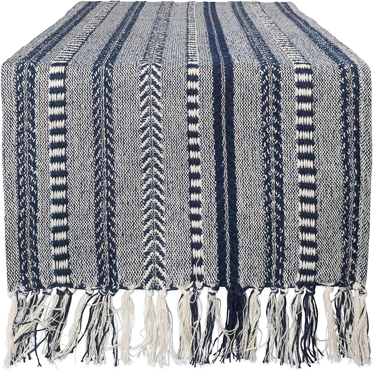 DII Farmhouse Braided Stripe Table Runner Collection, 15x108 (15x113, Fringe Included), French Blue