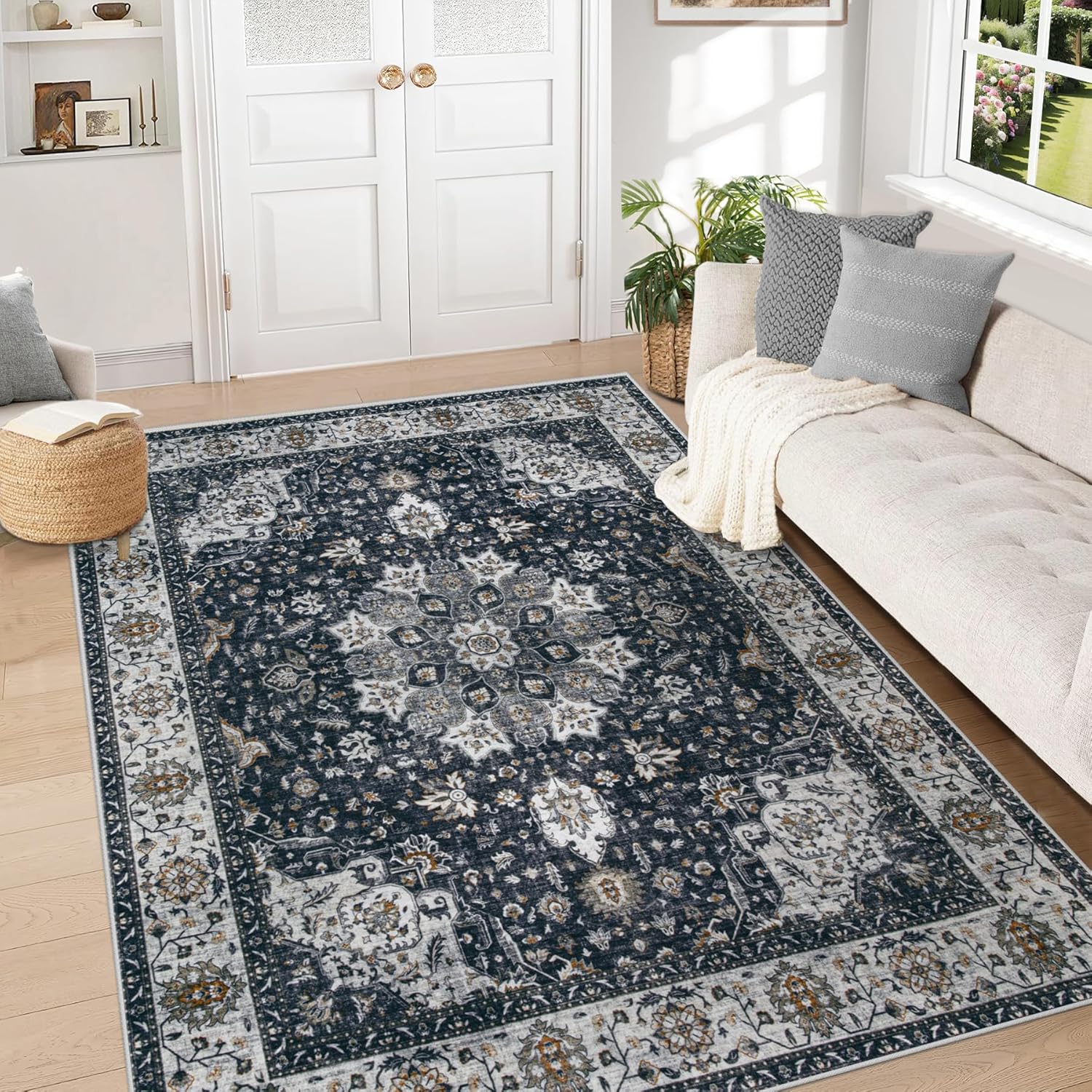 Area Rug 8x10 Washable Rug, Vintage Boho Medallion Rugs Non-Slip Soft Low Pile Large Distressed Rug Indoor Retro Carpet for Living Room Bedroom Dining Room Home Office (Beige, 8'x10')