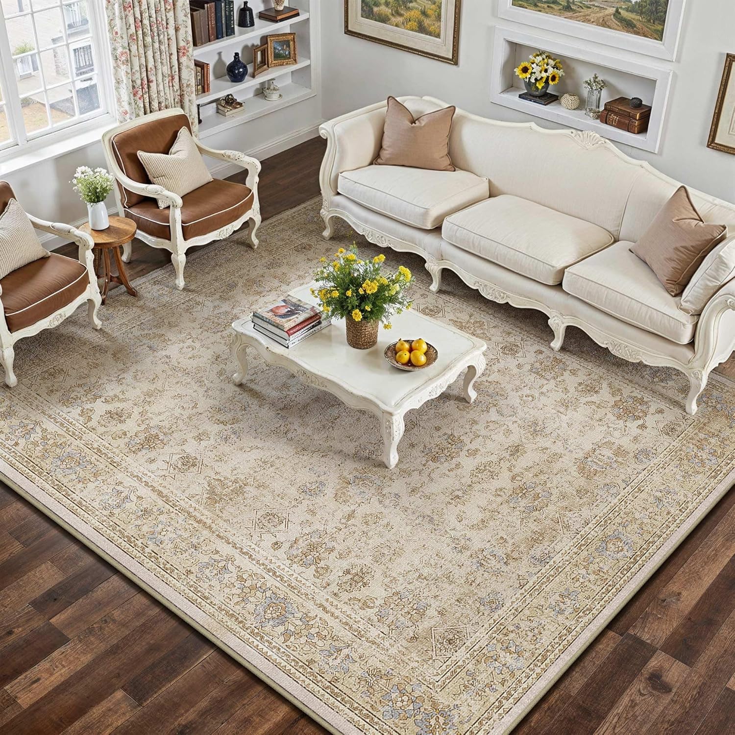 HUGEAR 8x10 Machine Washable Rugs Brown Hallway Large Area Rug Indoor Accent Rug Floral Low Pile Carpet Soft Throw Aesthetic Rug Bedroom Living Room Office Dining Room Kitchen Laundry Room