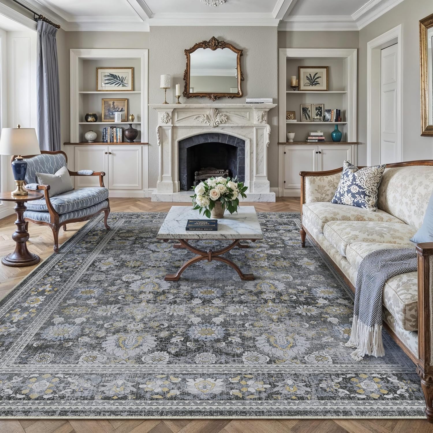 HUGEAR 8x10 Machine Washable Rugs Brown Hallway Large Area Rug Indoor Accent Rug Floral Low Pile Carpet Soft Throw Aesthetic Rug Bedroom Living Room Office Dining Room Kitchen Laundry Room