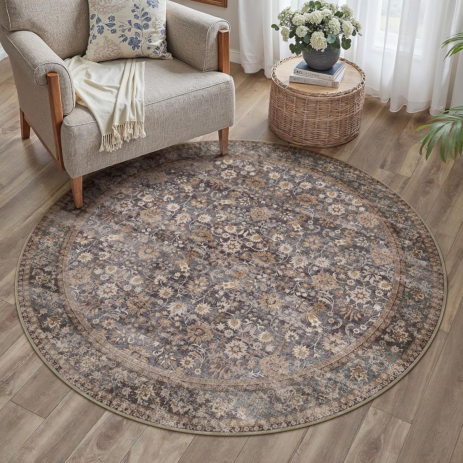 HUGEAR 8x10 Machine Washable Rugs Brown Hallway Large Area Rug Indoor Accent Rug Floral Low Pile Carpet Soft Throw Aesthetic Rug Bedroom Living Room Office Dining Room Kitchen Laundry Room