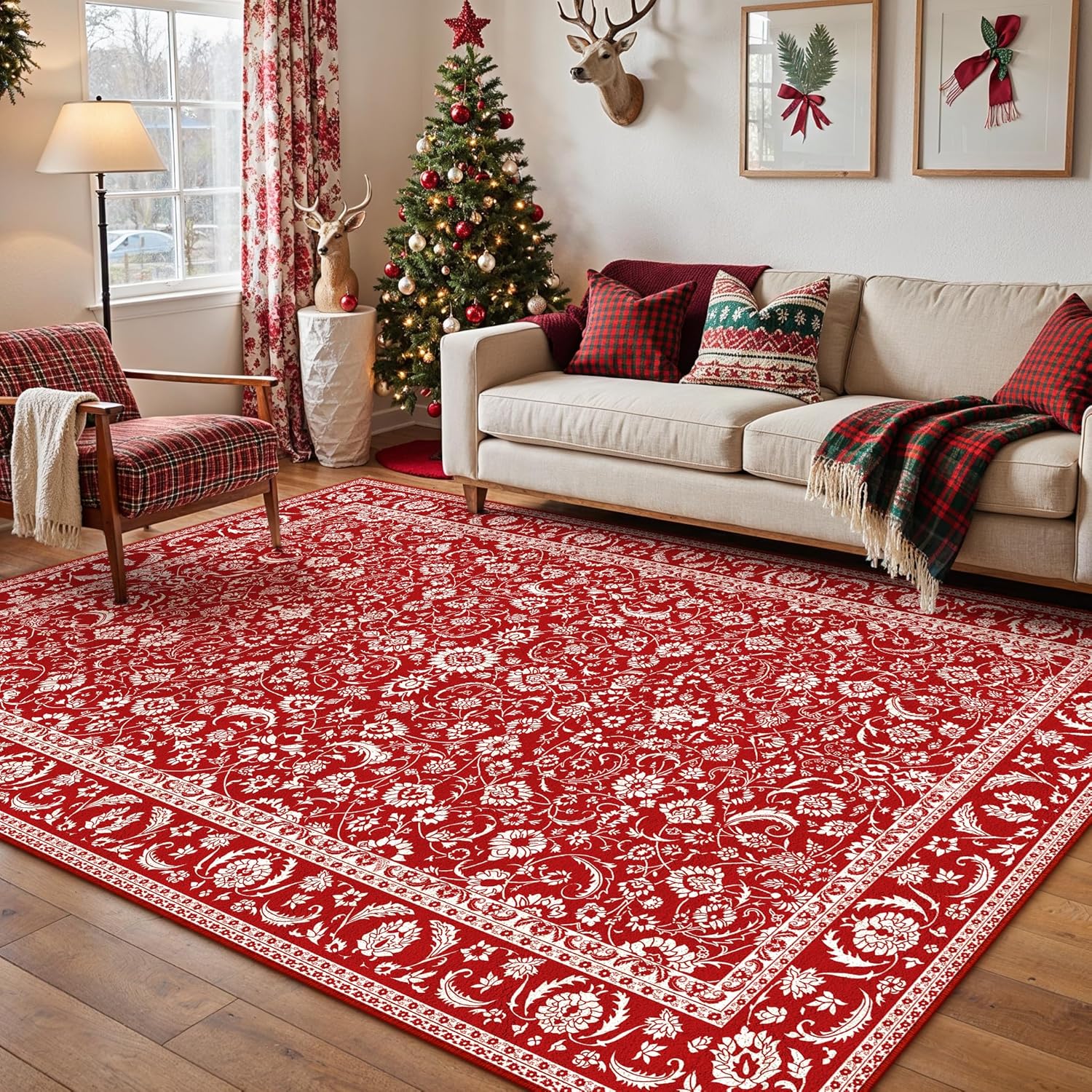 HUGEAR 8x10 Machine Washable Rugs Brown Hallway Large Area Rug Indoor Accent Rug Floral Low Pile Carpet Soft Throw Aesthetic Rug Bedroom Living Room Office Dining Room Kitchen Laundry Room