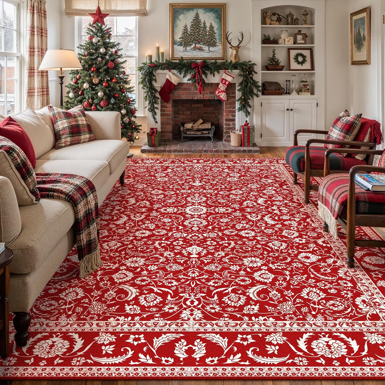 HUGEAR 8x10 Machine Washable Rugs Brown Hallway Large Area Rug Indoor Accent Rug Floral Low Pile Carpet Soft Throw Aesthetic Rug Bedroom Living Room Office Dining Room Kitchen Laundry Room