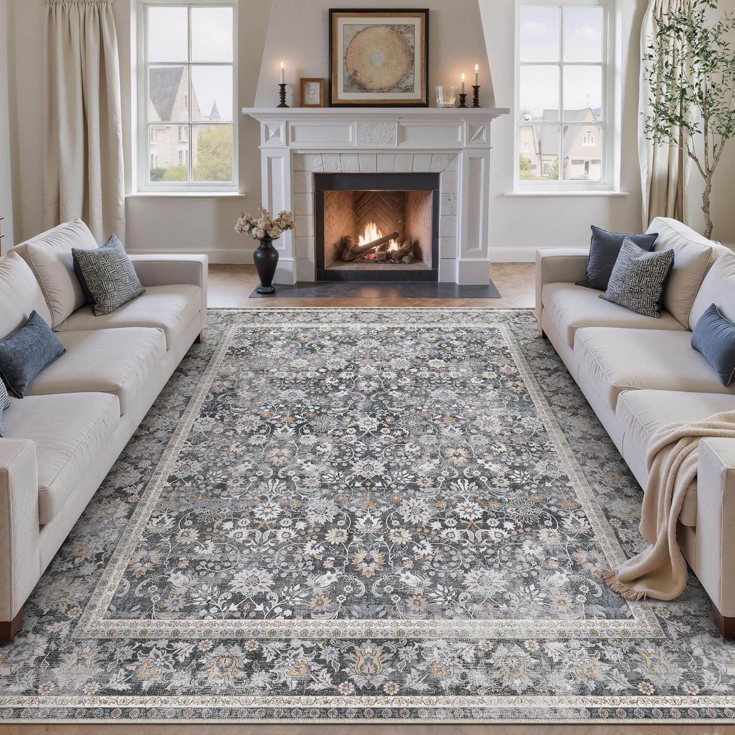 HUGEAR 8x10 Machine Washable Rugs Brown Hallway Large Area Rug Indoor Accent Rug Floral Low Pile Carpet Soft Throw Aesthetic Rug Bedroom Living Room Office Dining Room Kitchen Laundry Room