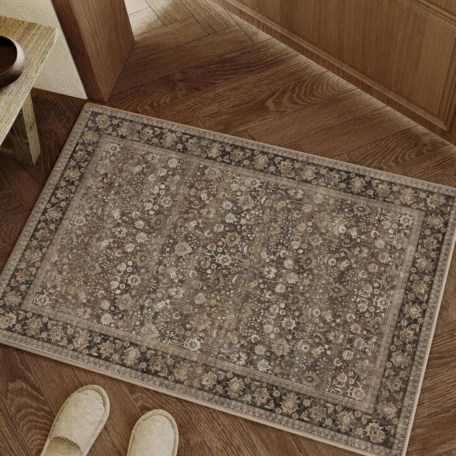 HUGEAR 8x10 Machine Washable Rugs Brown Hallway Large Area Rug Indoor Accent Rug Floral Low Pile Carpet Soft Throw Aesthetic Rug Bedroom Living Room Office Dining Room Kitchen Laundry Room