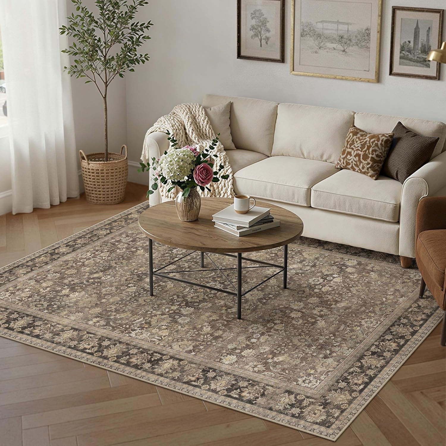 HUGEAR 8x10 Machine Washable Rugs Brown Hallway Large Area Rug Indoor Accent Rug Floral Low Pile Carpet Soft Throw Aesthetic Rug Bedroom Living Room Office Dining Room Kitchen Laundry Room