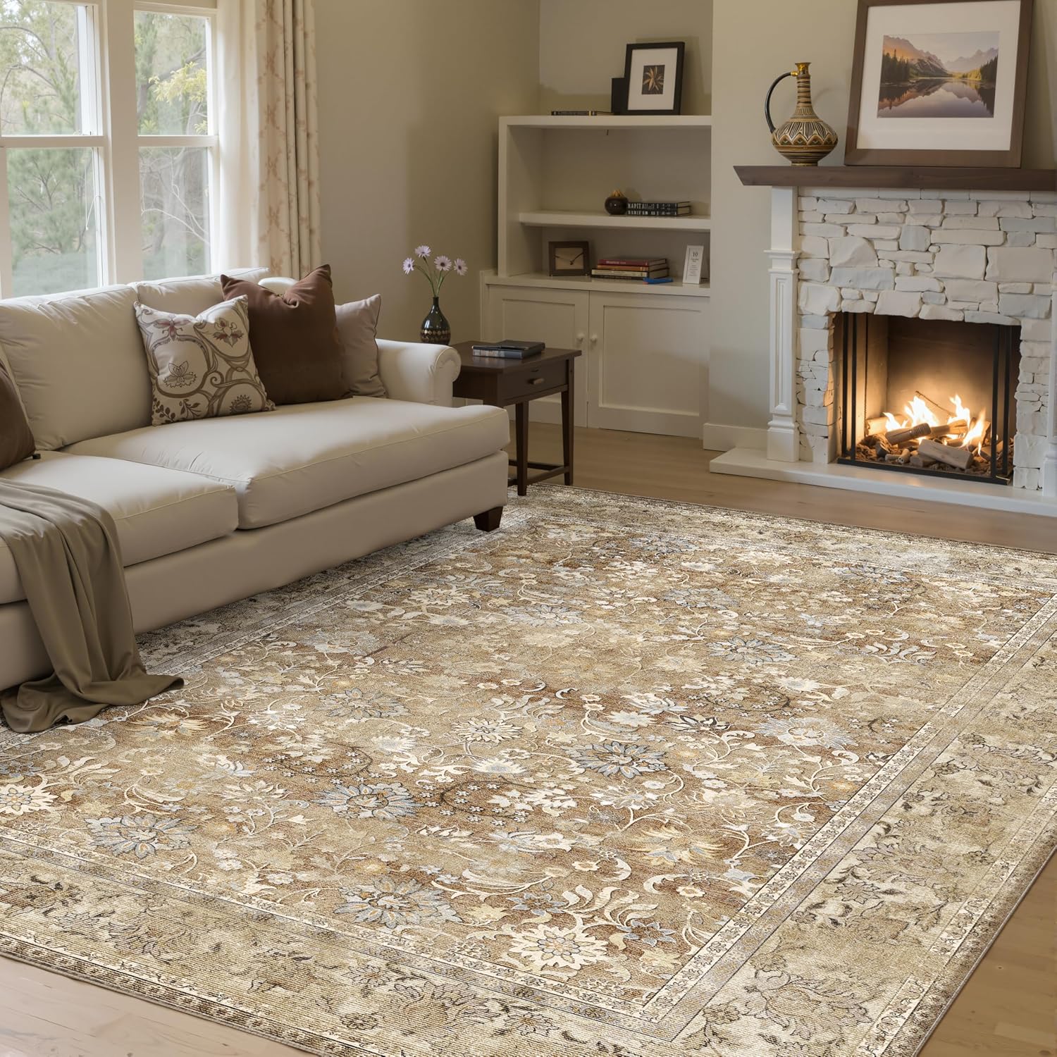 HUGEAR 8x10 Machine Washable Rugs Brown Hallway Large Area Rug Indoor Accent Rug Floral Low Pile Carpet Soft Throw Aesthetic Rug Bedroom Living Room Office Dining Room Kitchen Laundry Room