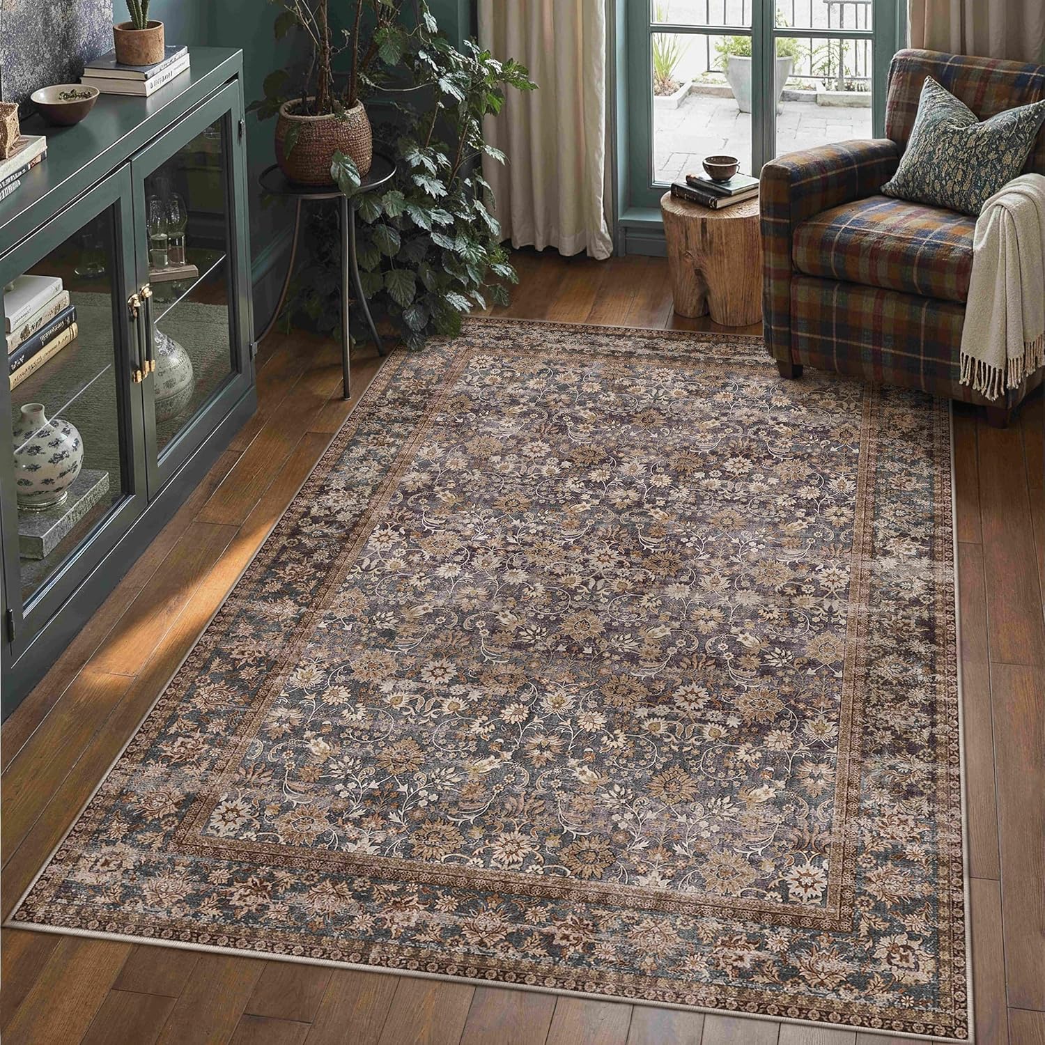 HUGEAR 8x10 Machine Washable Rugs Brown Hallway Large Area Rug Indoor Accent Rug Floral Low Pile Carpet Soft Throw Aesthetic Rug Bedroom Living Room Office Dining Room Kitchen Laundry Room