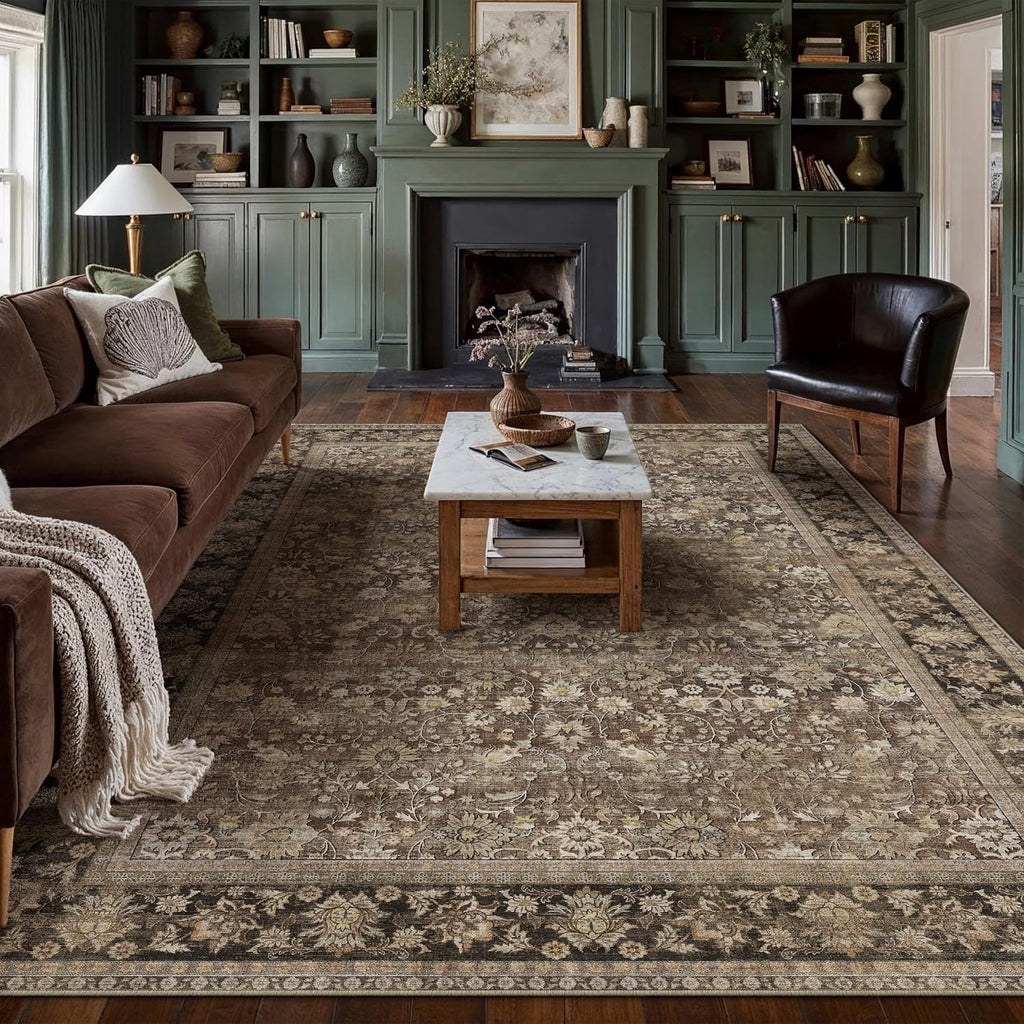 HUGEAR 8x10 Machine Washable Rugs Brown Hallway Large Area Rug Indoor Accent Rug Floral Low Pile Carpet Soft Throw Aesthetic Rug Bedroom Living Room Office Dining Room Kitchen Laundry Room