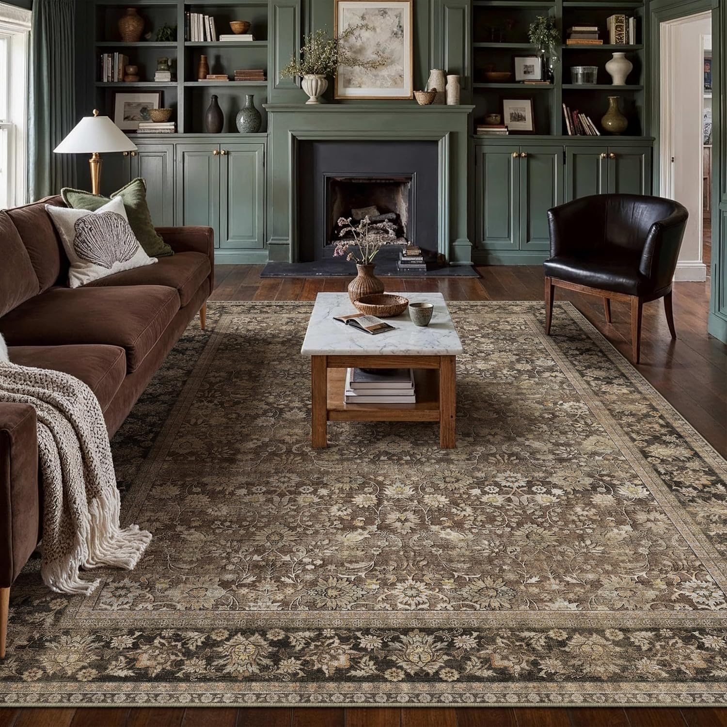 HUGEAR 8x10 Machine Washable Rugs Brown Hallway Large Area Rug Indoor Accent Rug Floral Low Pile Carpet Soft Throw Aesthetic Rug Bedroom Living Room Office Dining Room Kitchen Laundry Room