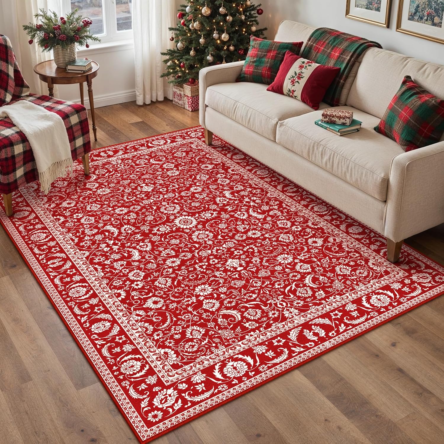 HUGEAR 8x10 Machine Washable Rugs Brown Hallway Large Area Rug Indoor Accent Rug Floral Low Pile Carpet Soft Throw Aesthetic Rug Bedroom Living Room Office Dining Room Kitchen Laundry Room