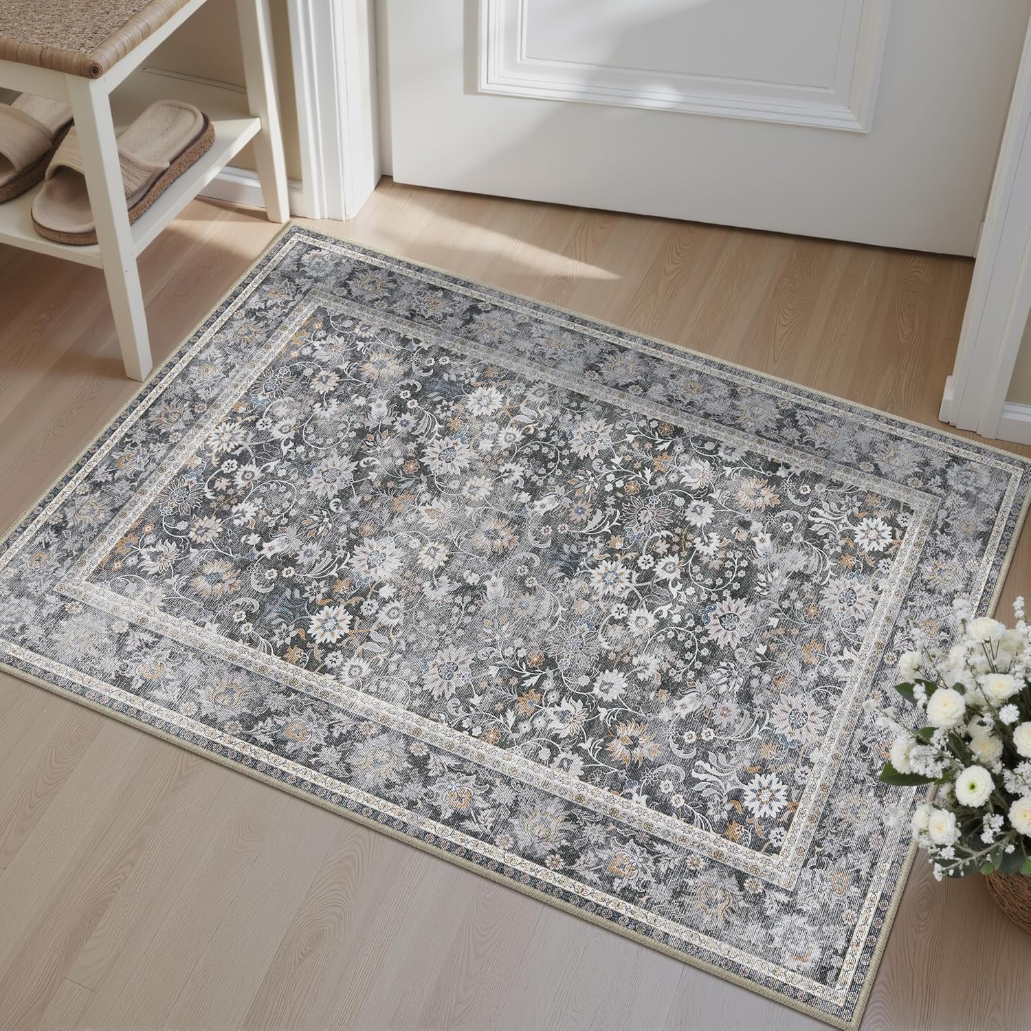 HUGEAR 8x10 Machine Washable Rugs Brown Hallway Large Area Rug Indoor Accent Rug Floral Low Pile Carpet Soft Throw Aesthetic Rug Bedroom Living Room Office Dining Room Kitchen Laundry Room