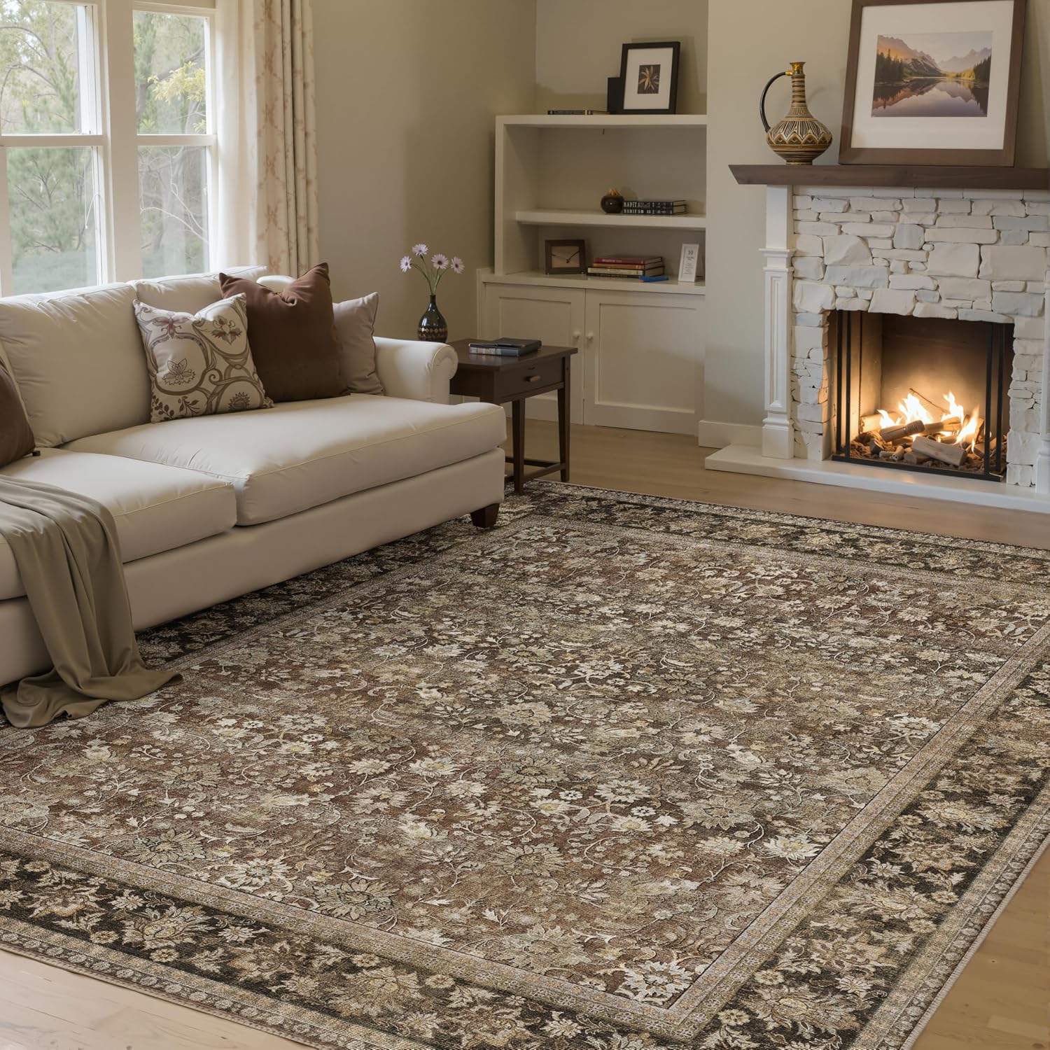 HUGEAR 8x10 Machine Washable Rugs Brown Hallway Large Area Rug Indoor Accent Rug Floral Low Pile Carpet Soft Throw Aesthetic Rug Bedroom Living Room Office Dining Room Kitchen Laundry Room