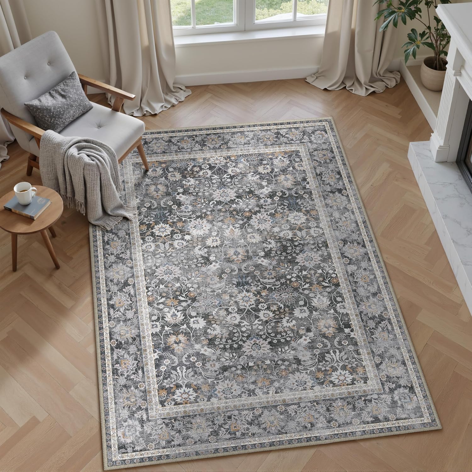 HUGEAR 8x10 Machine Washable Rugs Brown Hallway Large Area Rug Indoor Accent Rug Floral Low Pile Carpet Soft Throw Aesthetic Rug Bedroom Living Room Office Dining Room Kitchen Laundry Room