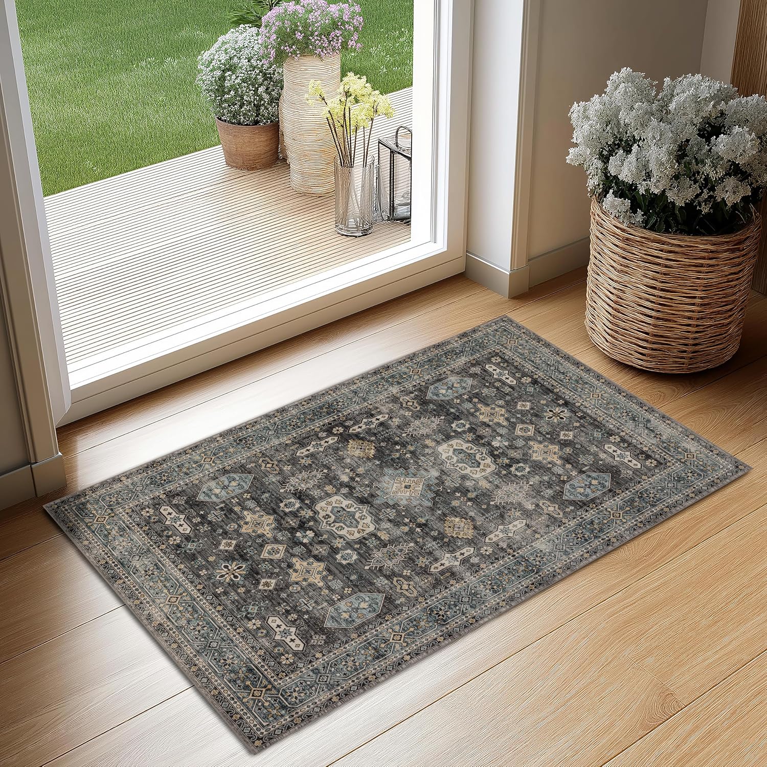 Ruaruarug Area Rug Non Slip Machine Washable Ultra Soft Living Room/Bedroom/Kitchen/Outdoor/Classroom Black Grey, 8'×10'