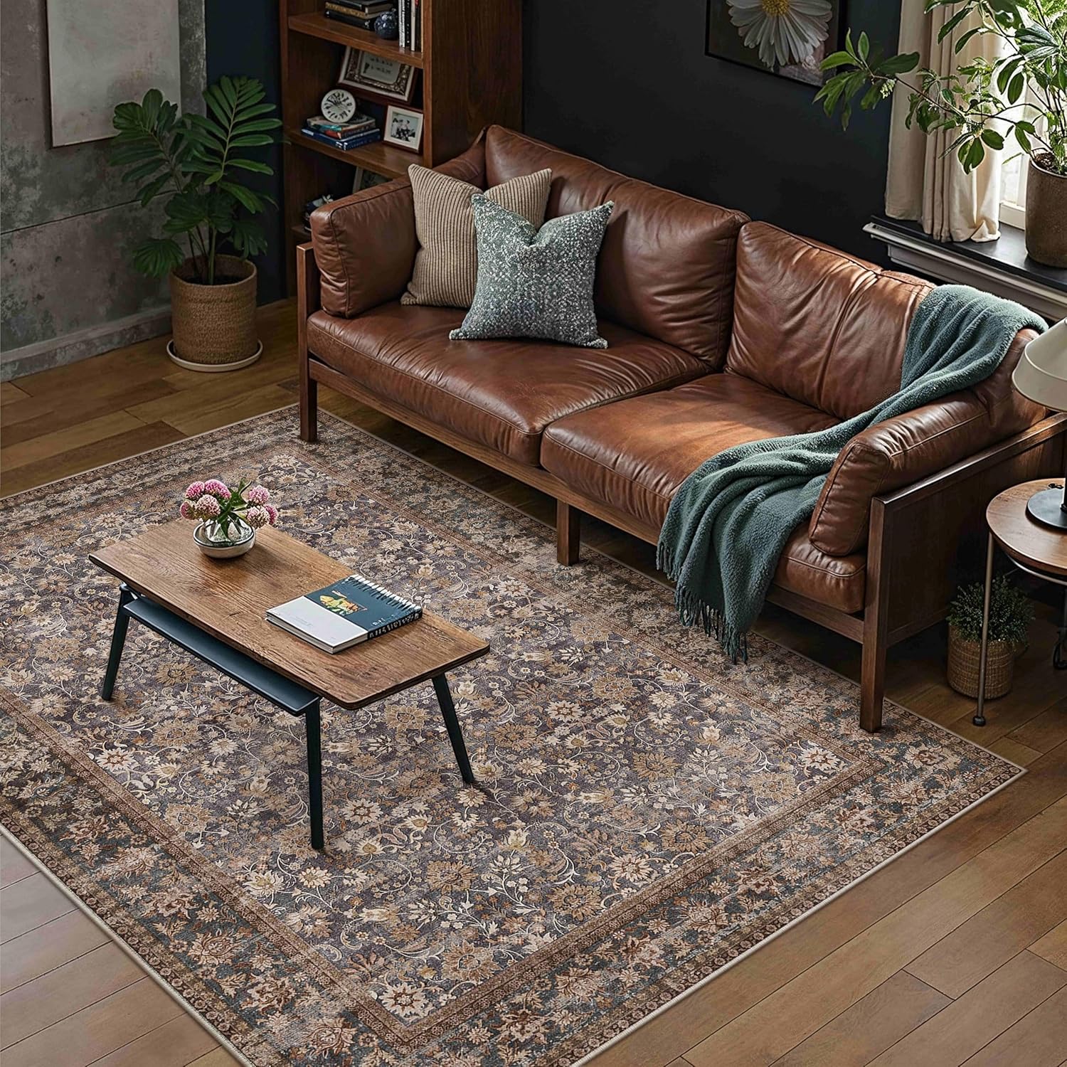 HUGEAR 8x10 Machine Washable Rugs Brown Hallway Large Area Rug Indoor Accent Rug Floral Low Pile Carpet Soft Throw Aesthetic Rug Bedroom Living Room Office Dining Room Kitchen Laundry Room